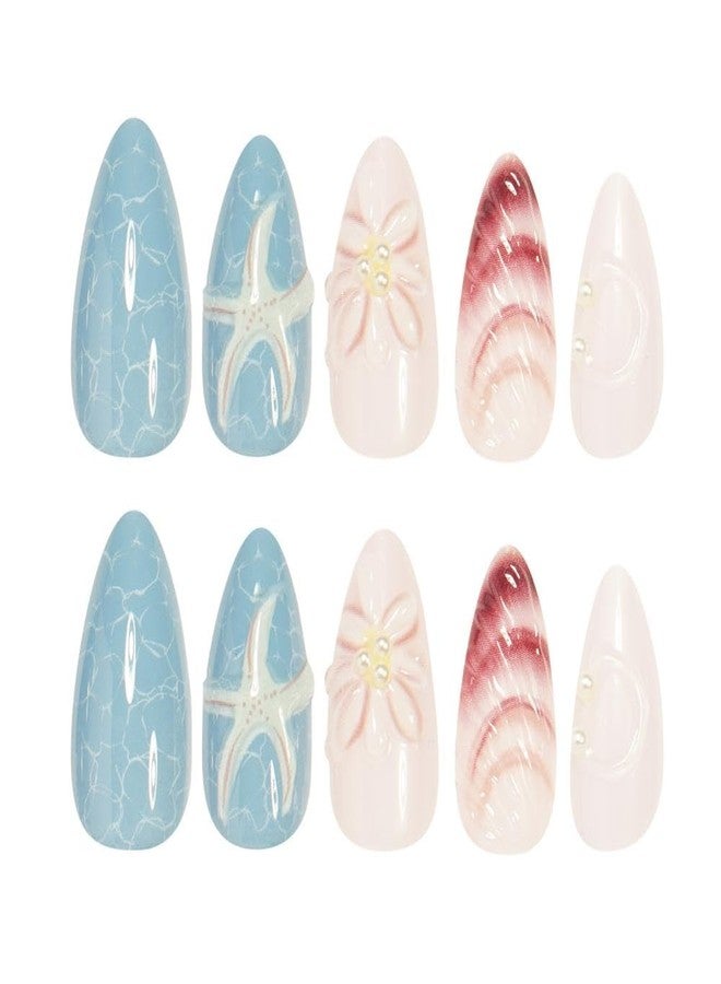 Sevgob Ocean Press on Nails Medium Almond Stick on Nails with Pearl Seashell Design 3D Starfish False Nails Full Cover Blue Handmade Glue on Nails Glossy Summer Fake Nail for Women Girls Manicure 24Pcs - Image 4